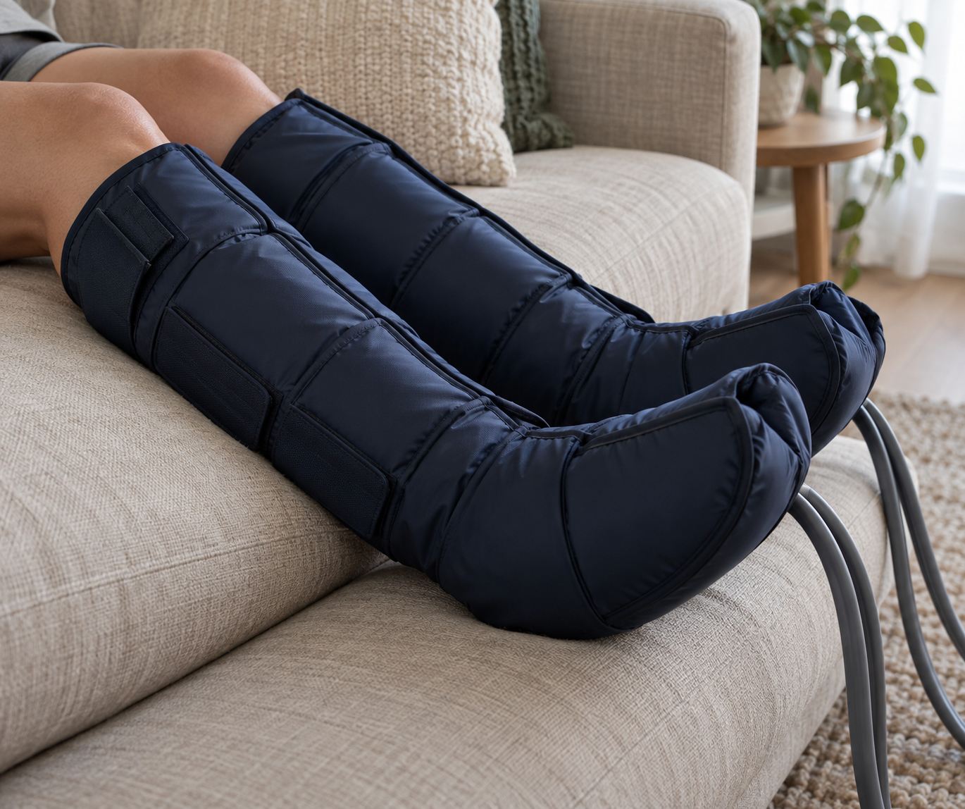 Navy compression boots on a client's calves during a recovery visit at home.